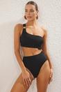 Black WOVCOR Black Asymmetric Cut Out One Shoulder Swimsuit with Hardware Detail, Image 1 of 3