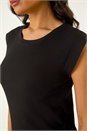 Black Ribbed Cap Sleeve Midi Dress, Image 5 of 5
