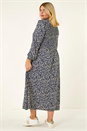 Blue Curve Abstract Print Shirred Midi Dress, Image 3 of 5