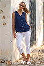 Navy   Petite V-Neck Front Button Blouse, Image 3 of 4
