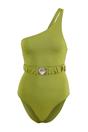 Green One Shoulder Belted Detail High Leg Swimsuit, Image 1 of 3