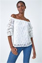 Ivory  Paisley Lace Ruched Sleeve Bardot Top, Image 2 of 5