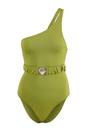 Green One Shoulder Belted Detail High Leg Swimsuit, Image 3 of 3