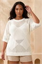 Ivory  Curve Metallic Diamond Knit Top, Image 2 of 4