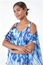 Blue Abstract V-Neck Cold Shoulder Overlay Top, Image 4 of 5
