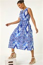 Blue Abstract Halter Neck Midi Dress, Image 1 of 5