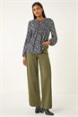 Navy Printed Shirred Tie Neck Top, Image 2 of 5