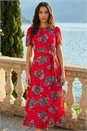 Red Floral Print Pleat Neck Midi Dress, Image 2 of 4