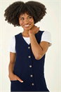 Navy  Cotton V-Neck Button Pocket Dress, Image 5 of 6