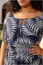 Navy  Curve Leaf Print Tie Neck Midi Dress, Image 4 of 4