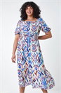 Purple Curve Aztec Print Shirred Midi Dress, Image 1 of 5