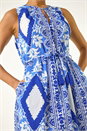 Blue Abstract Halter Neck Midi Dress, Image 5 of 5