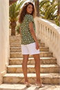 Khaki Floral Puff Print V-Neck Top, Image 3 of 4