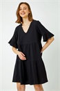 Black Textured Tiered Cotton Smock Dress, Image 1 of 5