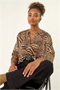 Tan Animal Print V-Neck Shirt, Image 1 of 5