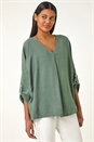 KHAKI Pleated V-Neck Stretch Tunic Top, Image 4 of 5