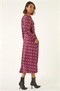 Red Geo Print V-Neck Stretch Midi Dress, Image 3 of 5