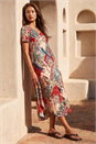 Red Patchwork Print Curved Hem Midi Dress, Image 2 of 4