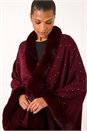 Wine Sparkly Faux Fur Trim Cape, Image 1 of 5
