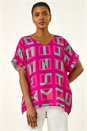 Magenta Geometric Print V-Neck Top, Image 2 of 5