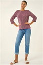 Burgundy Textured Button Shoulder Top, Image 2 of 5