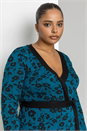 Petrol Blue Curve Floral Contrast Print Wrap Dress, Image 4 of 4