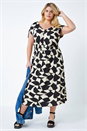 Black Curve Geometric Print Ruched Stretch Midi Dress, Image 1 of 5