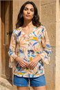 Blue Leaf Print Flare Sleeve Blouse, Image 1 of 4