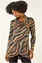 Tan Abstract Print Cowl Neck Stretch Top, Image 4 of 5