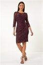 Wine Sequin Lace Ruched Stretch Dress, Image 1 of 5