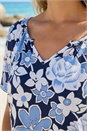 Blue Floral Puff Print V-Neck Top, Image 4 of 4