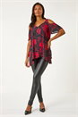 Red Floral Print Cold Shoulder Asymmetric Top, Image 3 of 5