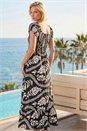 Black Leaf Print Shirred Maxi Dress, Image 3 of 4