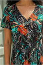 Black Leaf Print V-Neck Tiered Midi Dress , Image 4 of 4