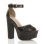 Black AJVANI Black Glitter Ankle Strap Peep Toe Platform High Heels, Image 1 of 8