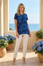Navy Leaf Print Stretch Tunic Top, Image 2 of 4