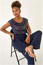Navy  Sequin Bodice Cowl Neck Jumpsuit, Image 4 of 5