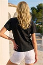 Black V-Neck Broderie Stretch Tie Front Top, Image 3 of 4