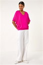Fuchsia V-Neck Grown On Sleeve Stretch Top, Image 2 of 5