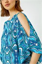 Blue Tile Print Cold Shoulder Top, Image 5 of 5