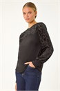 Black Animal Print Velvet Puff Sleeve Jersey Top, Image 1 of 5