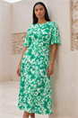 Teal Floral Print Angel Sleeve Midi Dress, Image 2 of 4