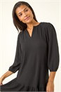 Black Textured V-Neck Frill Hem Smock Dress, Image 4 of 5