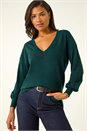 Dark Green Plain V-Neck Stretch Longline Jumper, Image 1 of 5