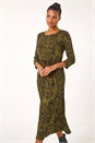 Olive Paisley Print Gathered Stretch Midi Dress, Image 4 of 5