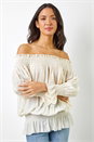 Cream Shirred Bardot Frill Detail Top, Image 1 of 5