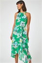 Green Floral Asymmetric Belted Midi Dress, Image 1 of 5