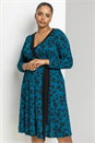 Petrol Blue Curve Floral Contrast Print Wrap Dress, Image 1 of 4