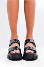 Black Quilted Chunky Rigid Sandals, Image 2 of 4