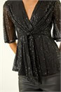 Black Dusk Sequin Tie Front V-Neck Stretch Top, Image 5 of 5